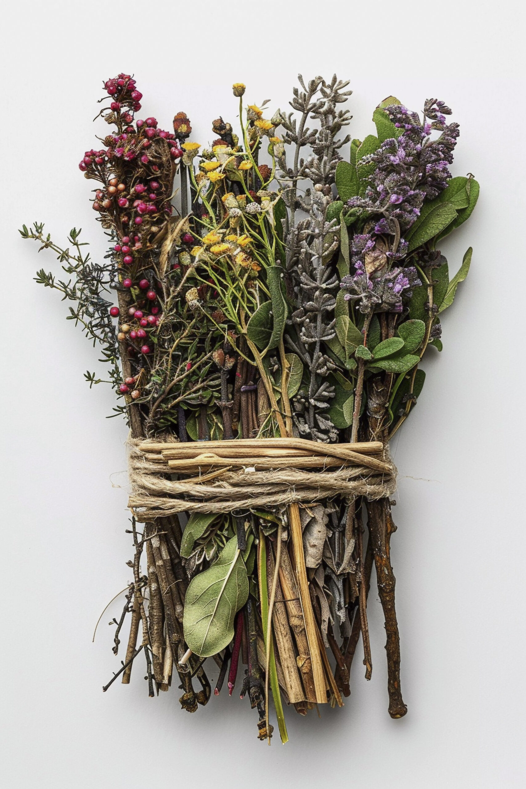 Bouquet aromatique et fleurs séchées la-mauvaise-graine-pepiniere-bio à Beaumont-sur-lèze sur fond blanc,